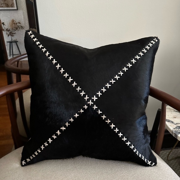 New Arhaus Black white hair on hide leather pillow cover linen suede whipstitch - Picture 14 of 16